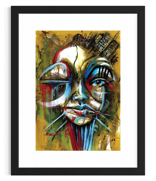 Architect of Your Own Mind - an abstract portrait in olive, red, and blue, symbolizing self-construction and control over our thoughts