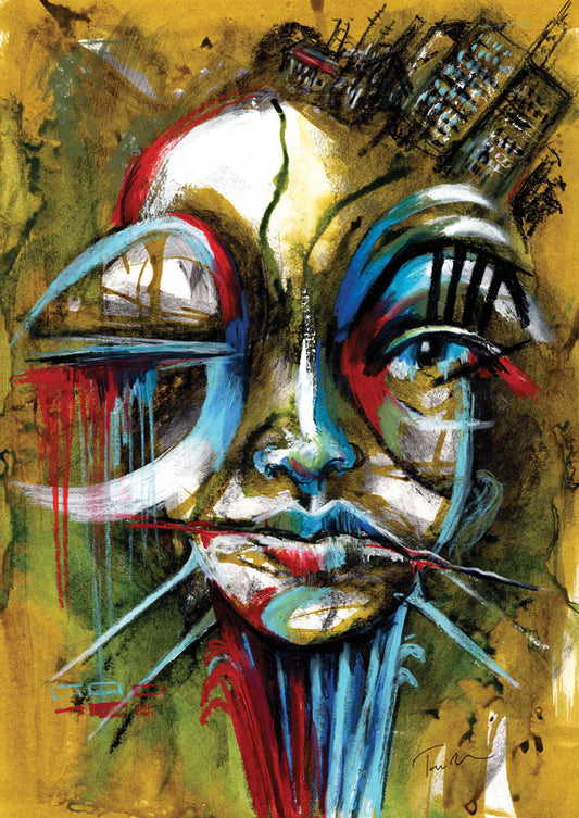 Architect of Your Own Mind - abstract portrait art print by Tara Roskell. Symbolic face design in olive, red, and blue,