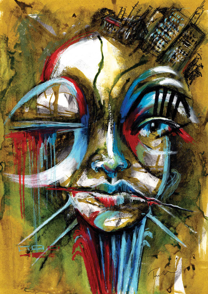 Architect of Your Own Mind - an abstract portrait in olive, red, and blue