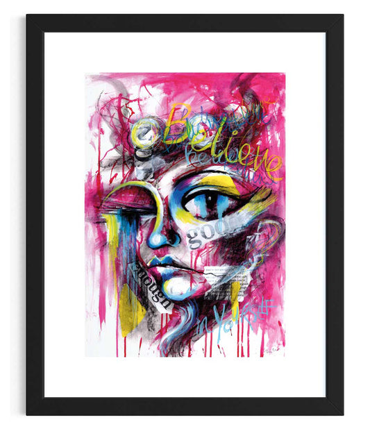 Believe in Yourself abstract portrait painting with graffiti-style text, bold magenta, yellow, blue, and black colors, featuring positive affirmations and collaged criticisms on mixed media art board.