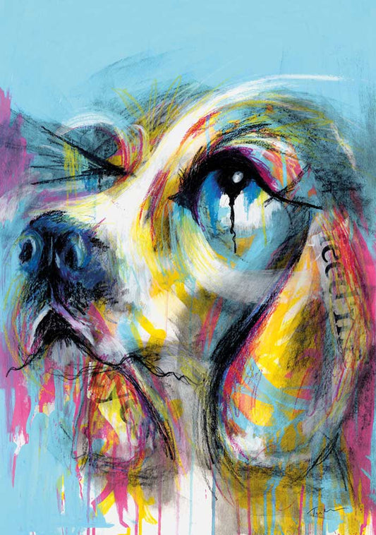 Feed Me Eyes - graffiti-style abstract Spaniel dog art print with pale blue, pink, and yellow tones