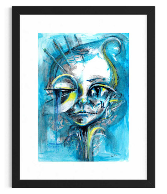 Enchanted Blue - original cute fantasy elf painting in mixed media with blue and yellow colors.
