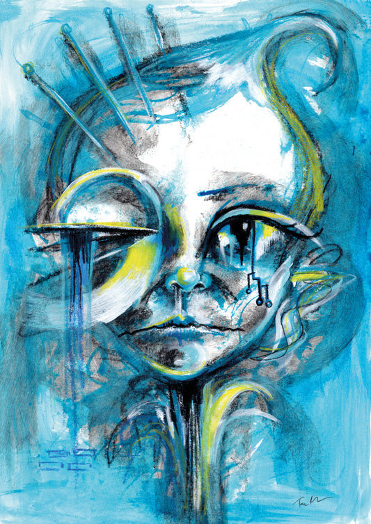Enchanted Blue fantasy elf art print, featuring a cute elf with large eyes in blue and yellow, printed on 250gms recycled paper.