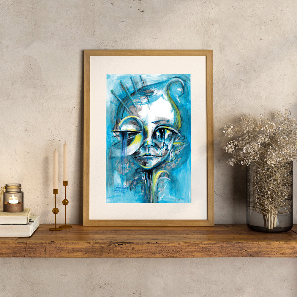 Enchanted Blue - original cute fantasy elf painting in mixed media shown in a room setting