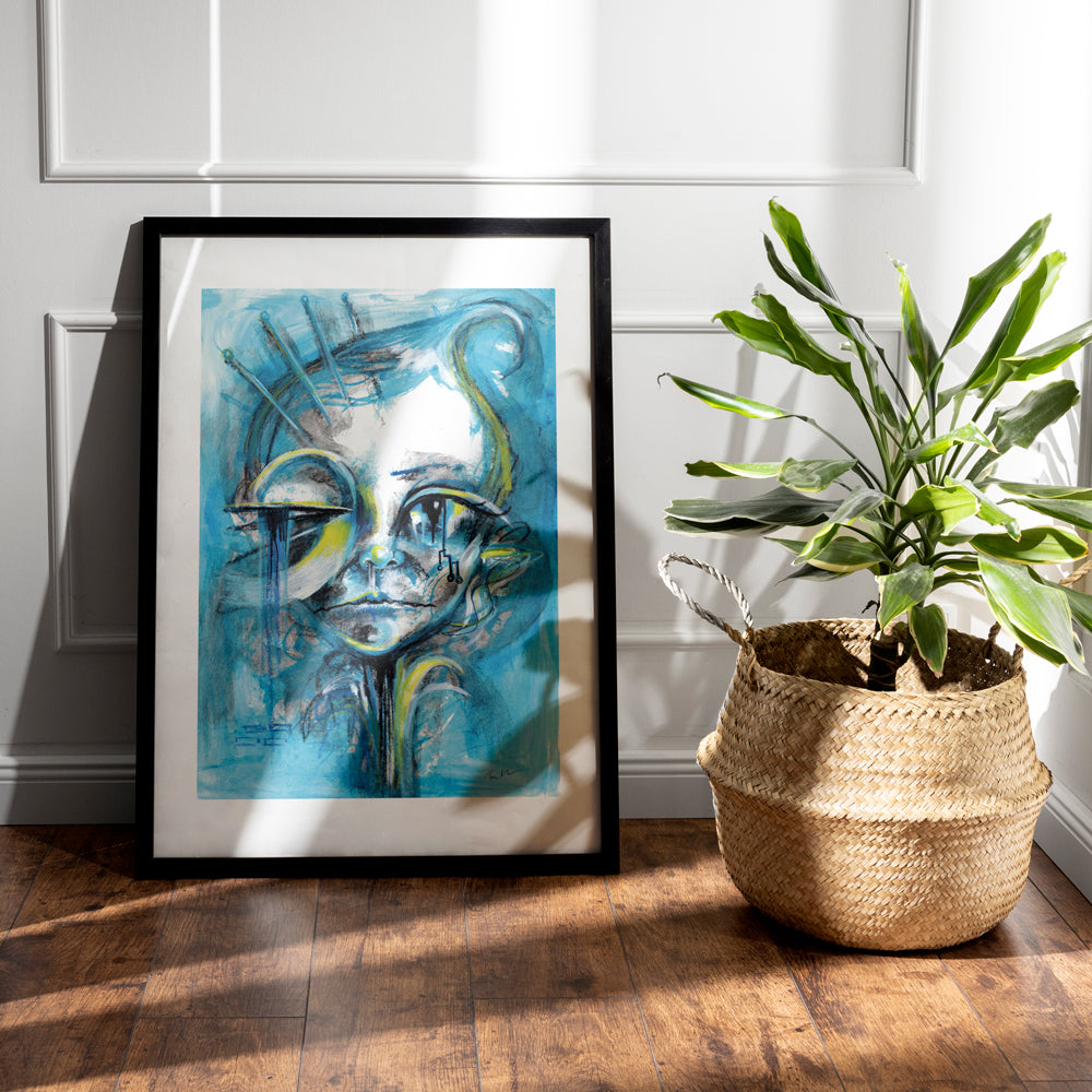 Enchanted Blue - original cute fantasy elf painting in mixed media shown in a black frame (not supplied)