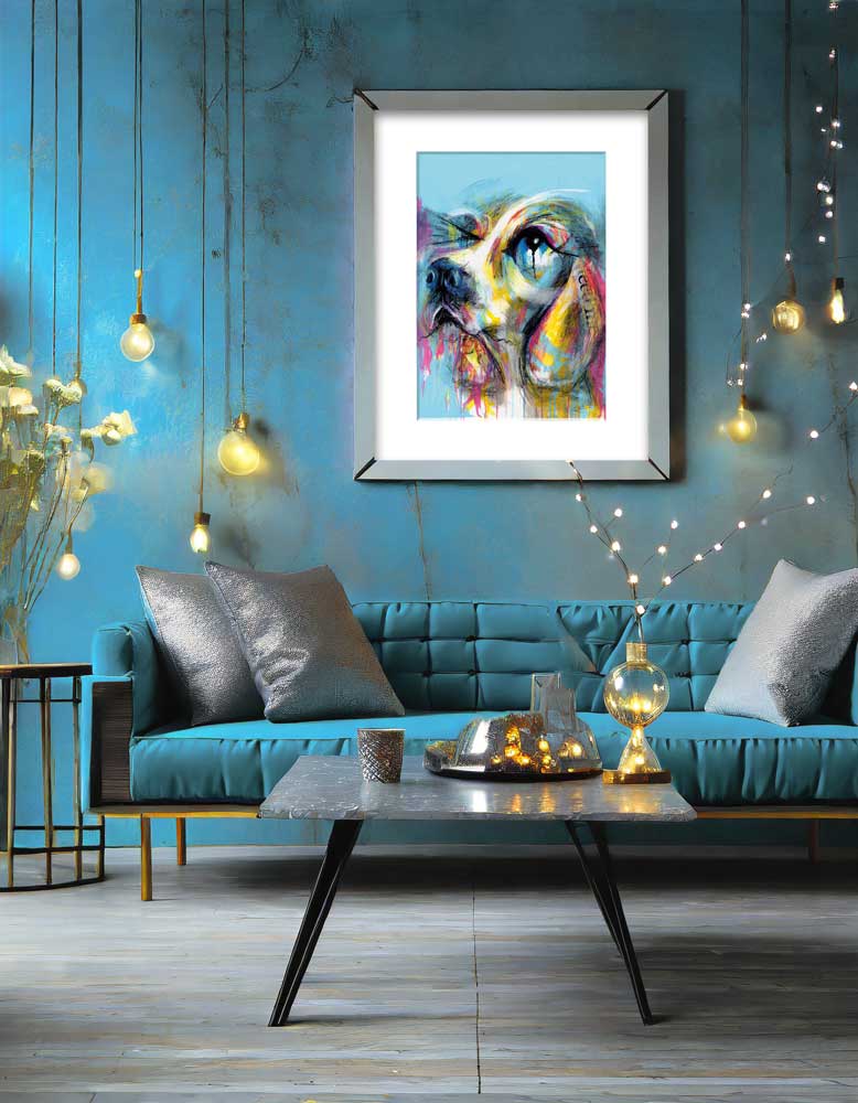 Feed Me Eyes - graffiti-style abstract Spaniel dog art print with pale blue, pink, and yellow tones,