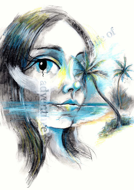 Life of Adventure - abstract affirmation portrait art featuring a woman’s face blending with a tranquil beach
