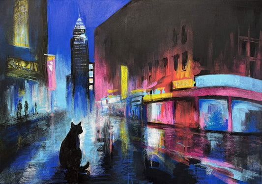 Urban Night Cityscape with a cat