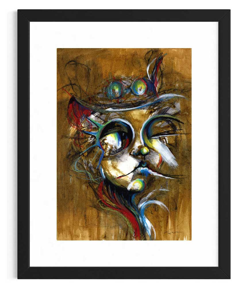 Olive Odyssey - Steampunk-inspired abstract portrait art in olive tones with accents of red, green, blue, and yellow on mixed media artboard.