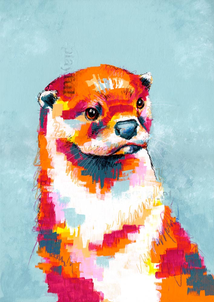 Utterly Otterly - an original otter painting in mixed media and collage.