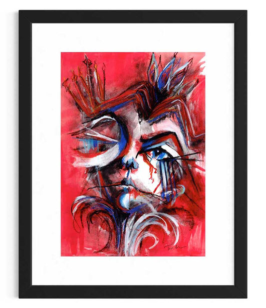 Red Queen - abstract portrait with a red background, shown in a black frame (not included)