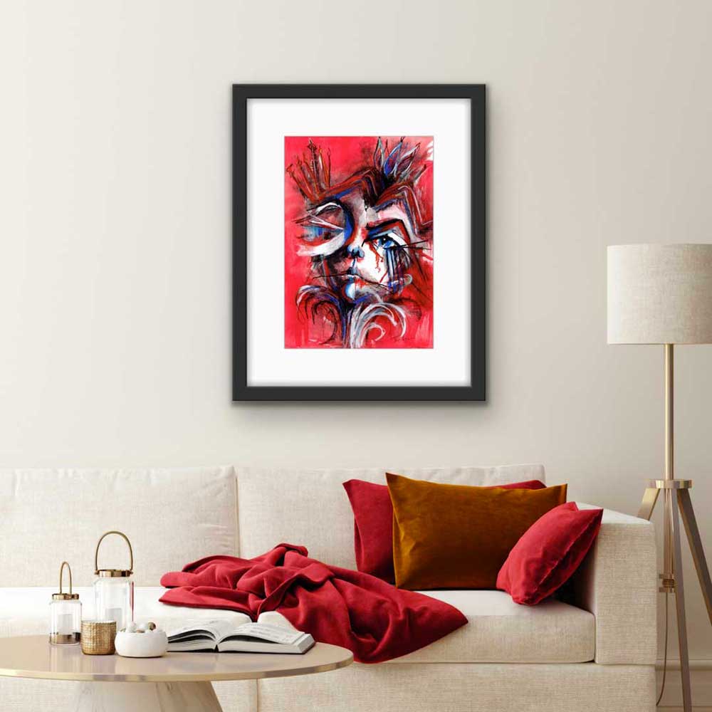 Red Queen - abstract portrait with a red background shown in a livingroom