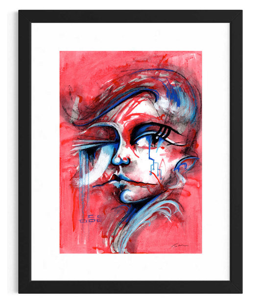 Red Rebel - futuristic abstract portrait with bold red tones,  swhon in a black frame (not included)