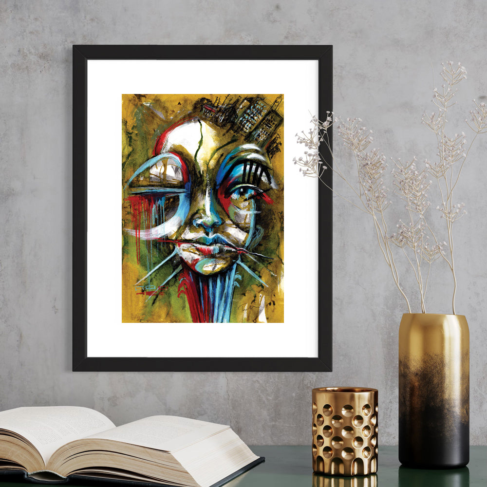 Architect of Your Own Mind - an abstract portrait in olive, red, and blue shown in a room setting