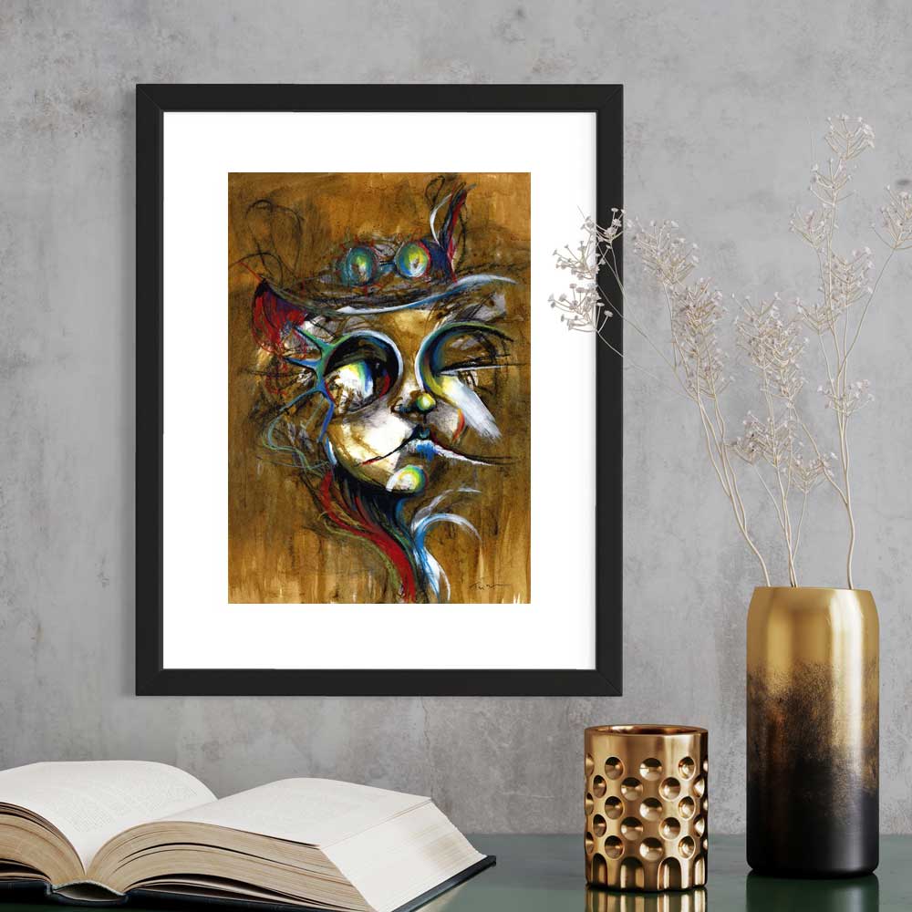 Olive Odyssey - Steampunk-inspired abstract portrait art in olive tones with accents of red, green, blue, and yellow on mixed media artboard.