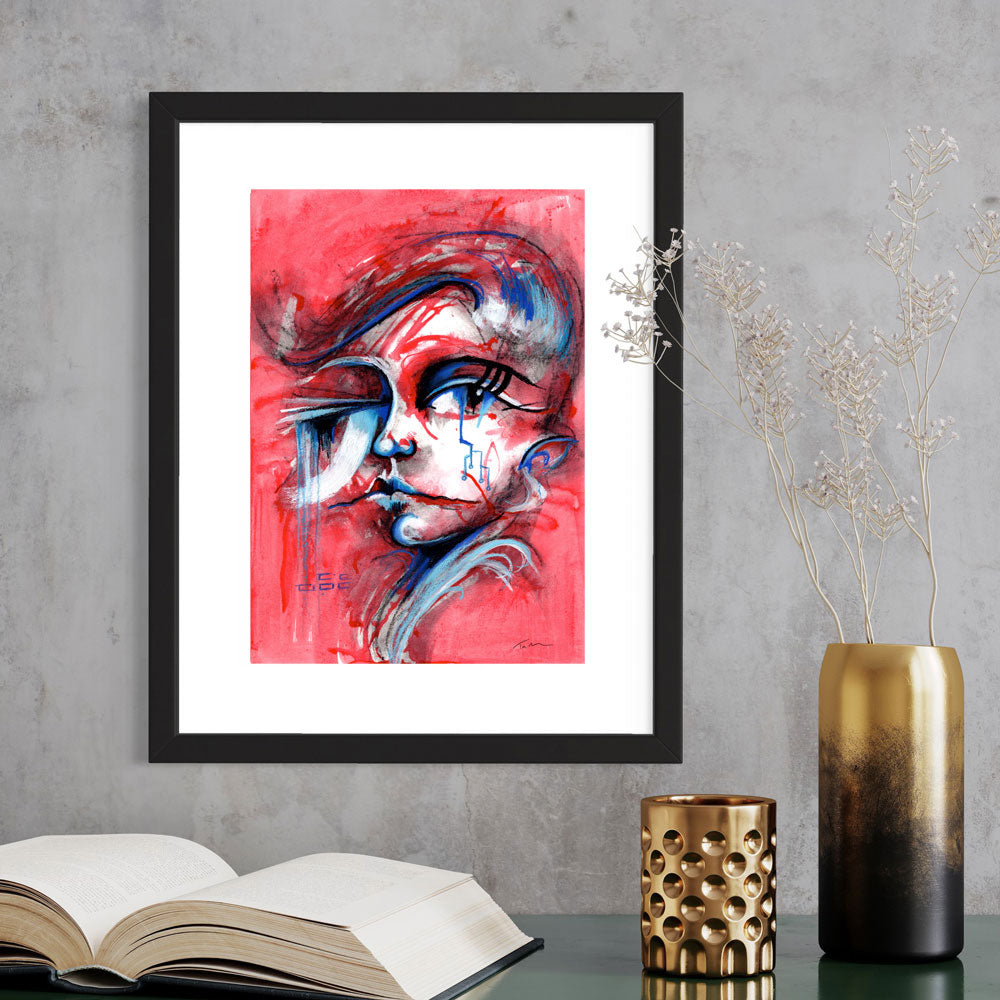 Red Rebel - futuristic abstract portrait with bold red tones shown in an interior