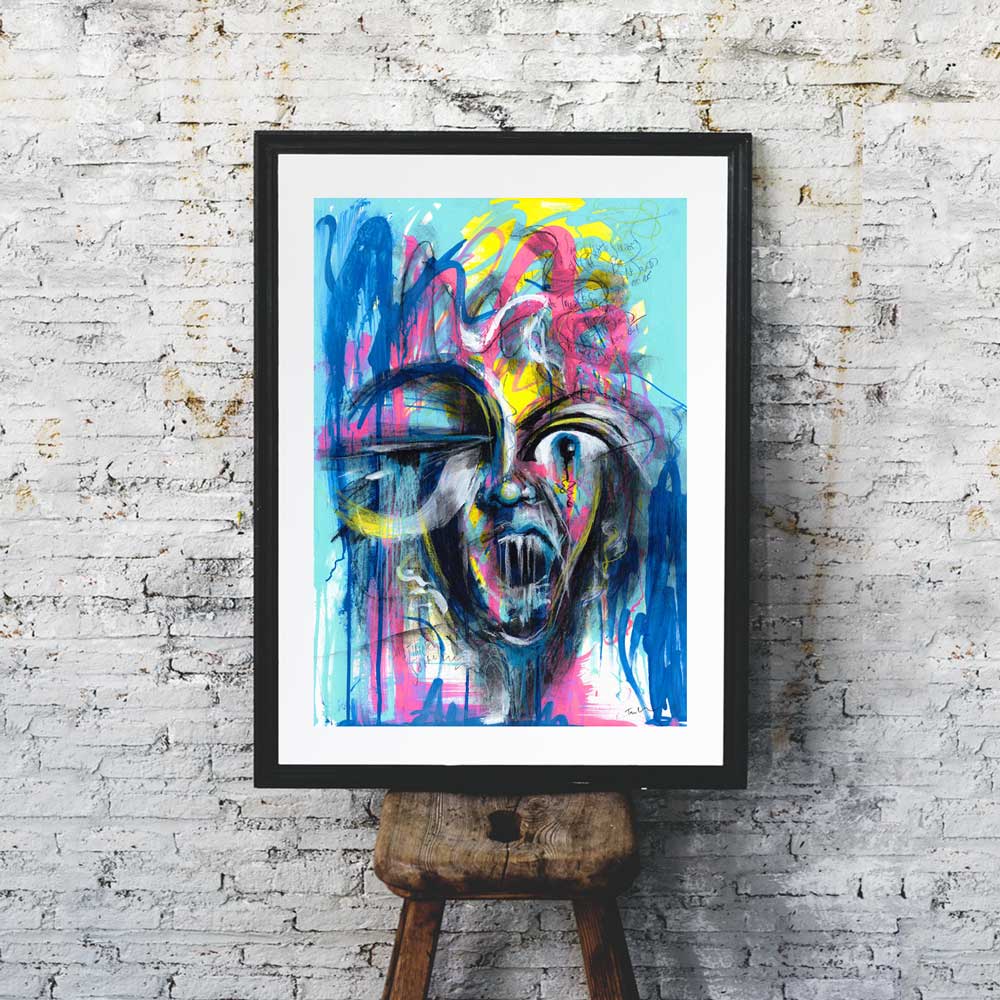 Silent Scream - graffiti-style abstract portrait with bold blue, pink, and yellow tones on mixed media art board.