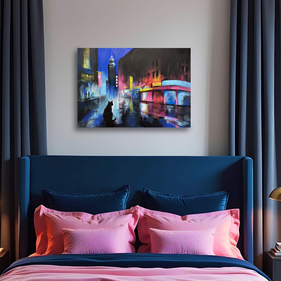 Urban Landscape with cat at night shown above a bed in a room