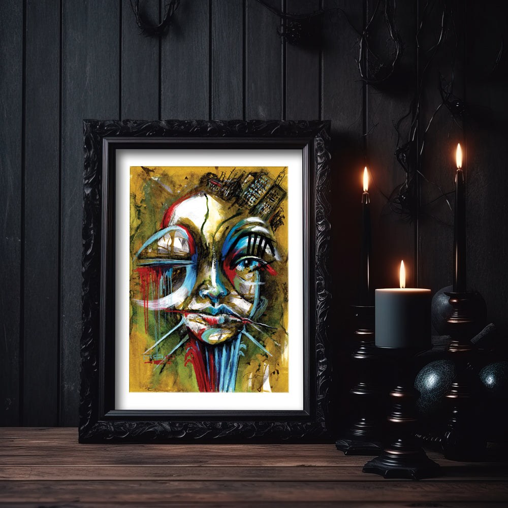 Architect of Your Own Mind - an abstract portrait in olive, red, and blue shown in a gothic style frame