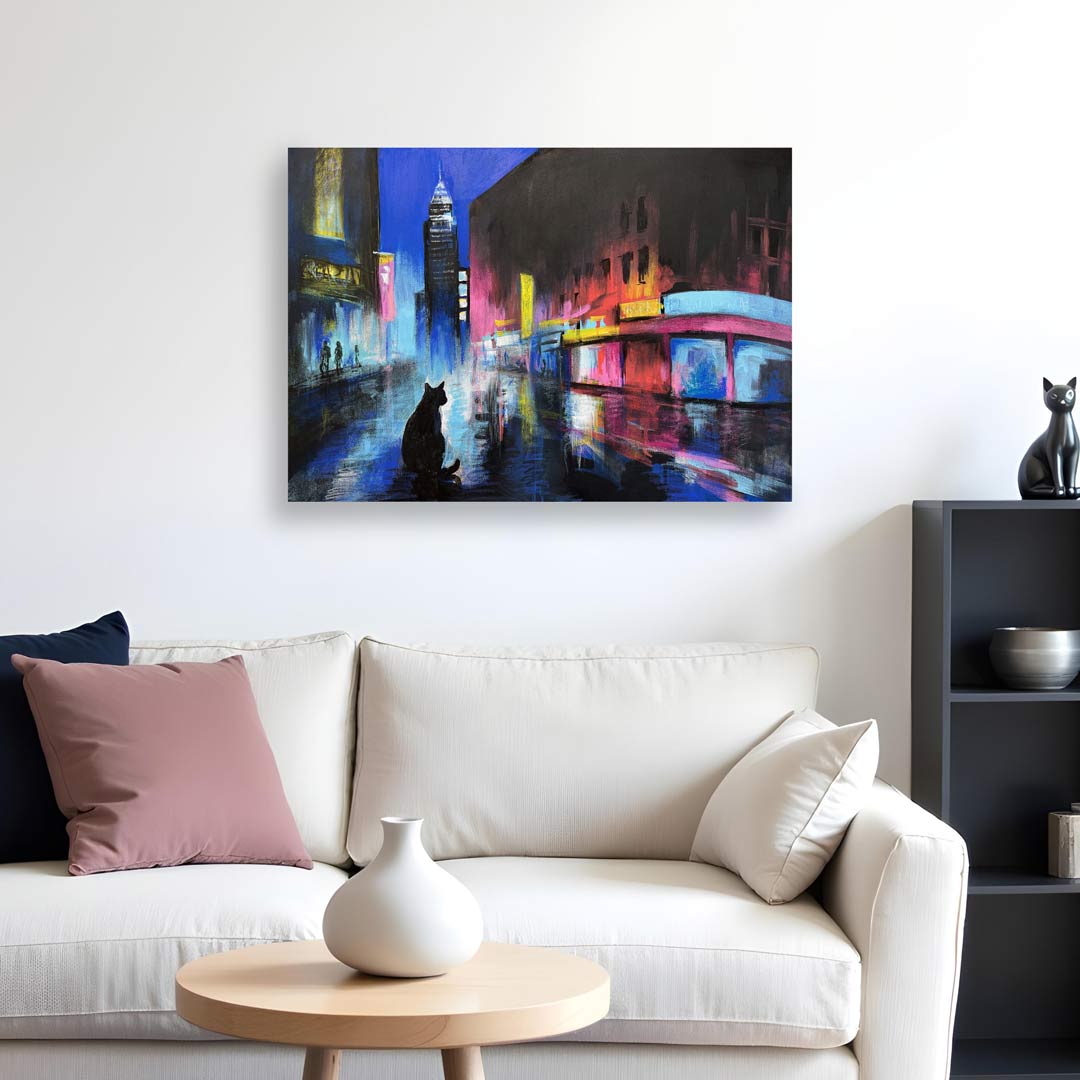 Cat night city scape canvas painting
