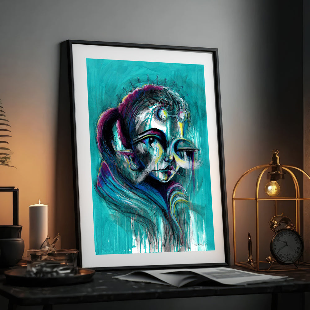 Cyber Girl - cyberpunk abstract portrait in turquoise in an interior