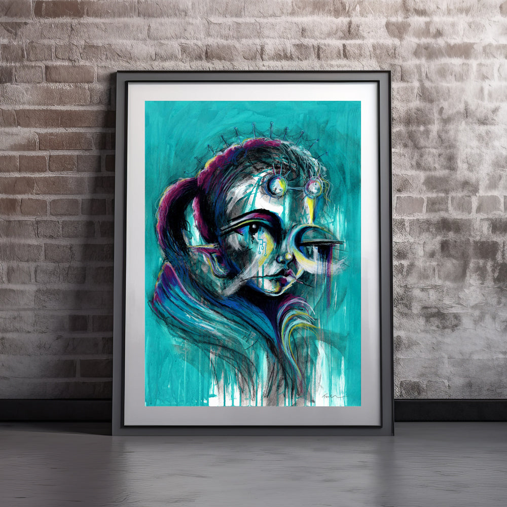 Cyber Girl - cyberpunk abstract portrait in turquoise with cosmic ink drips, purple, and yellow accents on mixed media art board.