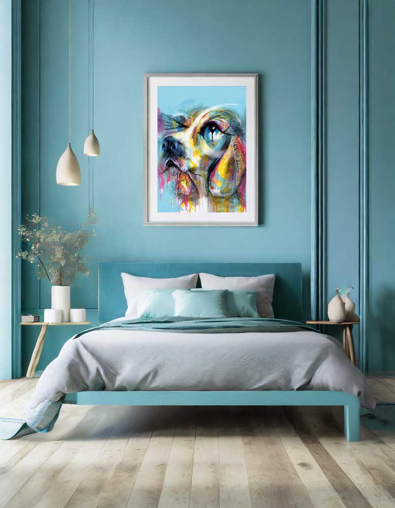 Feed Me Eyes - graffiti-style abstract Spaniel dog art print shown on a bedroom wall
