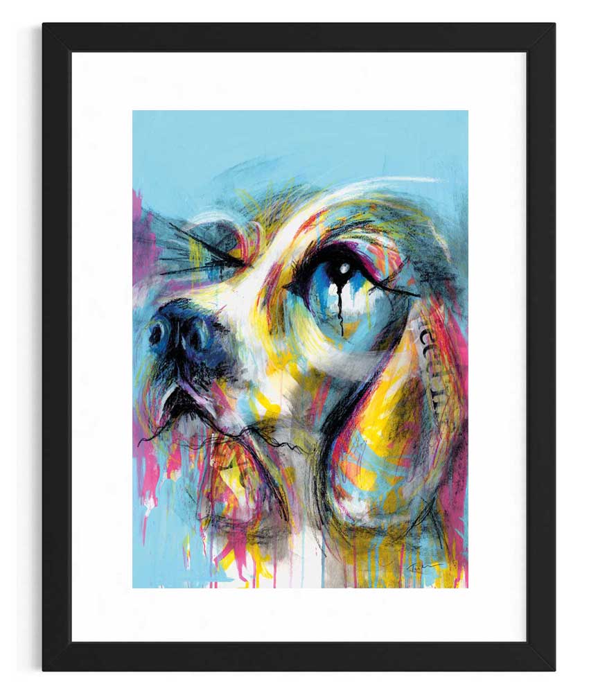 Feed Me Eyes - graffiti-style abstract Spaniel dog art print shown in a black frame (not included)