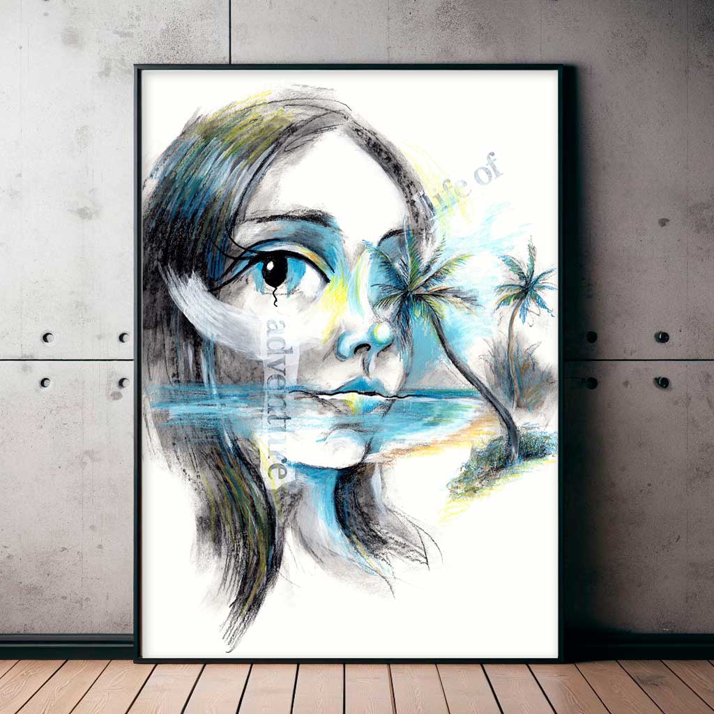 Life of Adventure - abstract affirmation portrait art featuring a woman’s face blending with a tranquil beach, created in pale blues, greys, and subtle accents of yellow.