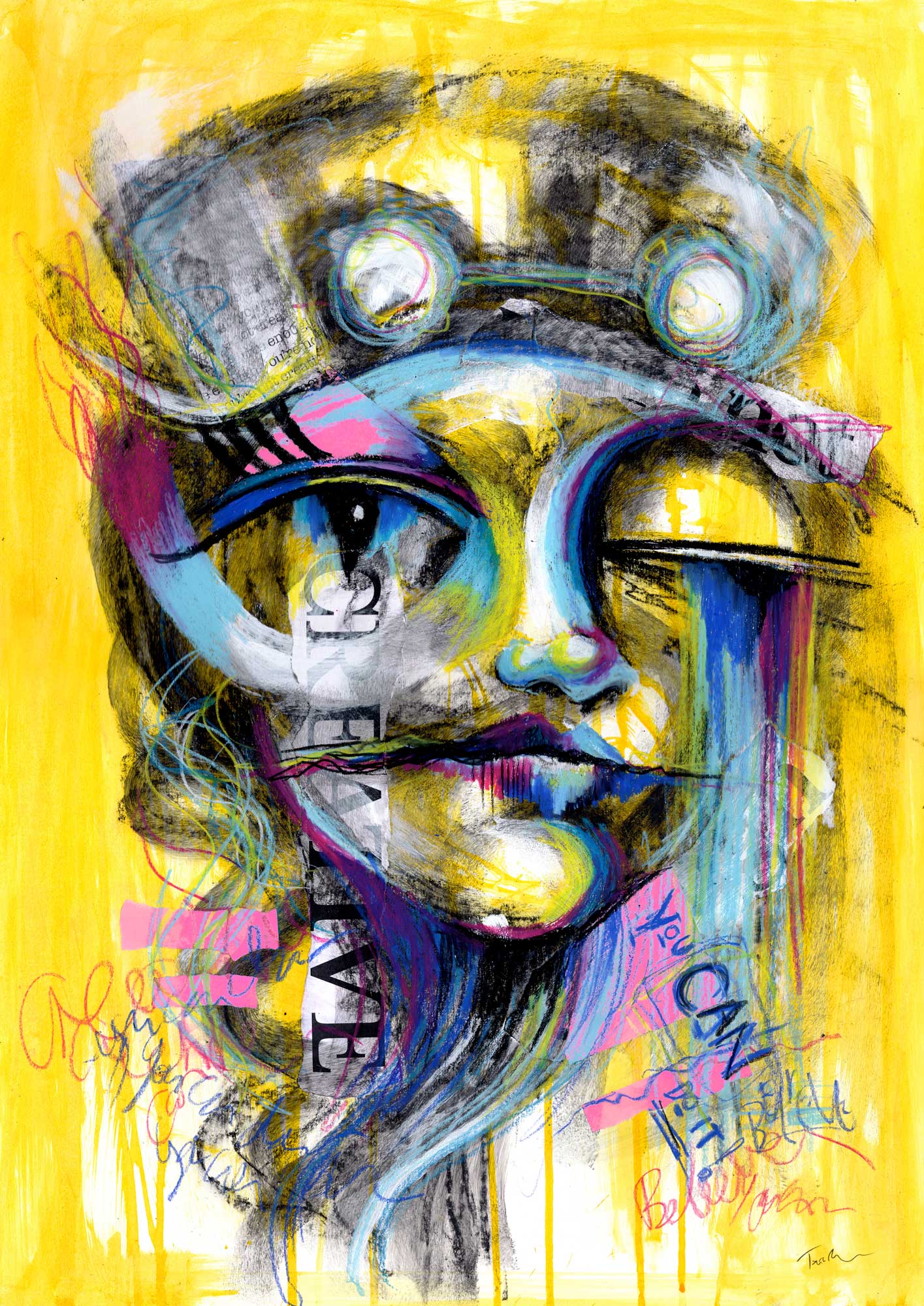 You Can Do It - graffiti-style abstract portrait with yellow tones, pink collage, and blue pastel accents on mixed media art board.
