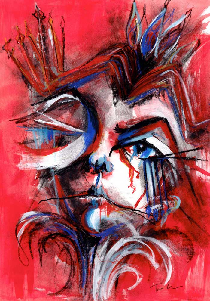 Red Queen - abstract portrait with a red background, blue accents, and black details on mixed media artboard.