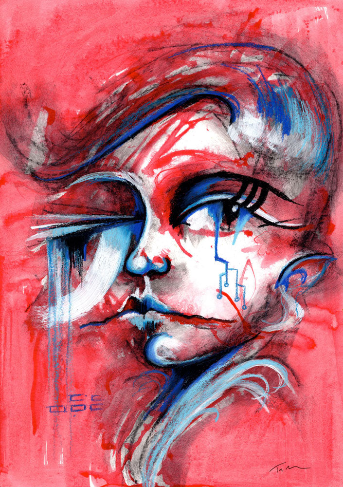 Red Rebel - futuristic abstract portrait with bold red tones, blue accents, and black ink marks, in a graffiti art style on mixed media artboard.