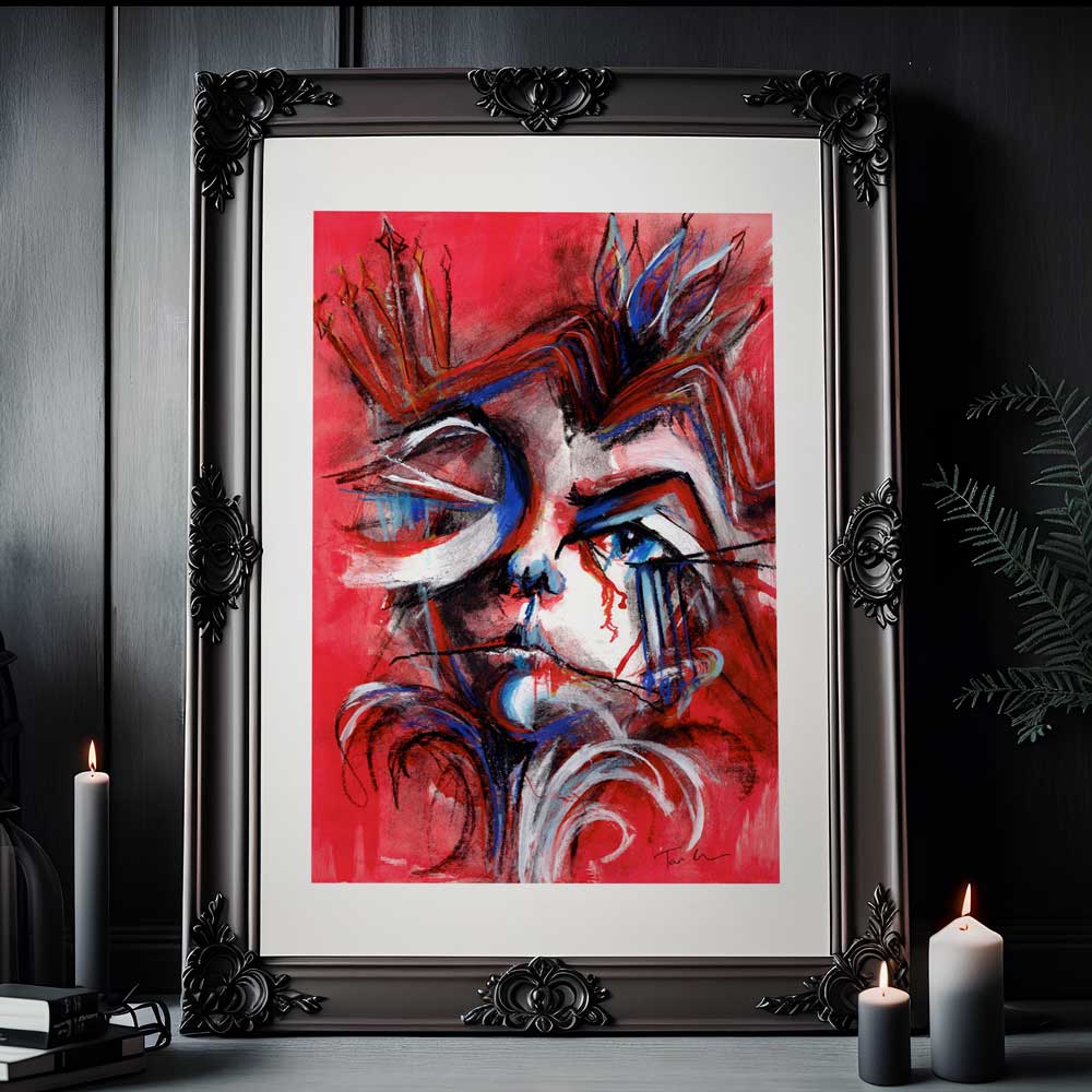 Red Queen - abstract portrait with a red background, shown in a gothic frame (not included)