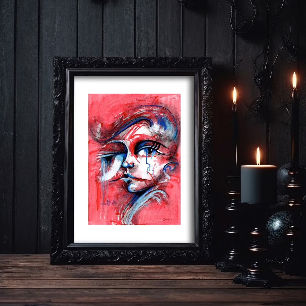 Red Rebel - futuristic abstract portrait with bold red tones, shown in a gothic frame (not included)