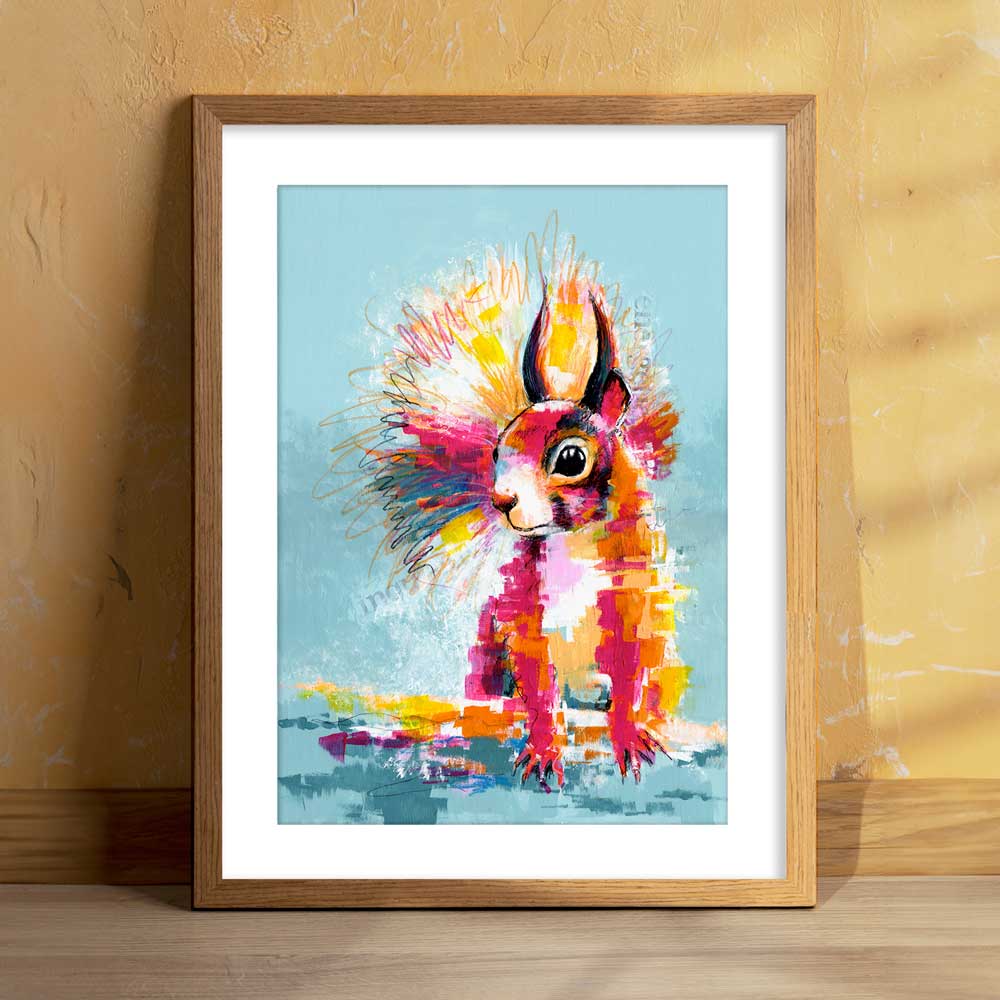 Nutty by Nature original squirrel painting with bold red, orange, and blue colors, featuring playful collage and quirky British wildlife themes.