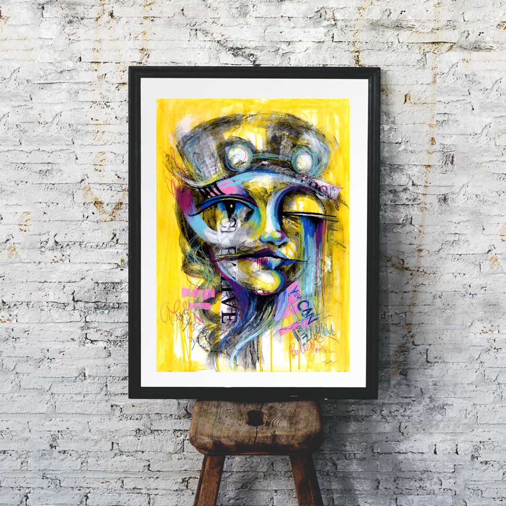 You Can Do It - graffiti-style abstract portrait with yellow tones, pink collage, and blue pastel accents on mixed media art board.