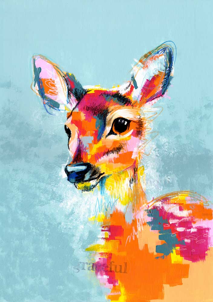 Deer to be Different original deer painting with bold orange and blue colors, featuring collage techniques and abstract British wildlife themes.