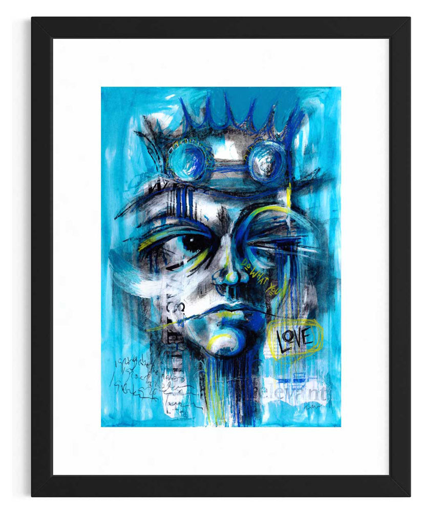 Do What You Love - abstract Steampunk-inspired portrait art shown in a black frame