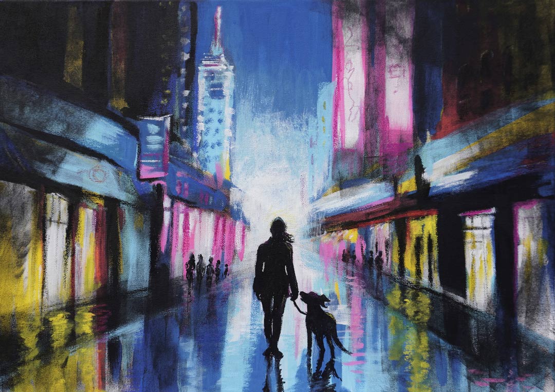 Woman’s Best Friend, blue cityscape painting of a woman walking her dog under neon lights at night, with blue, pink, and yellow accents.