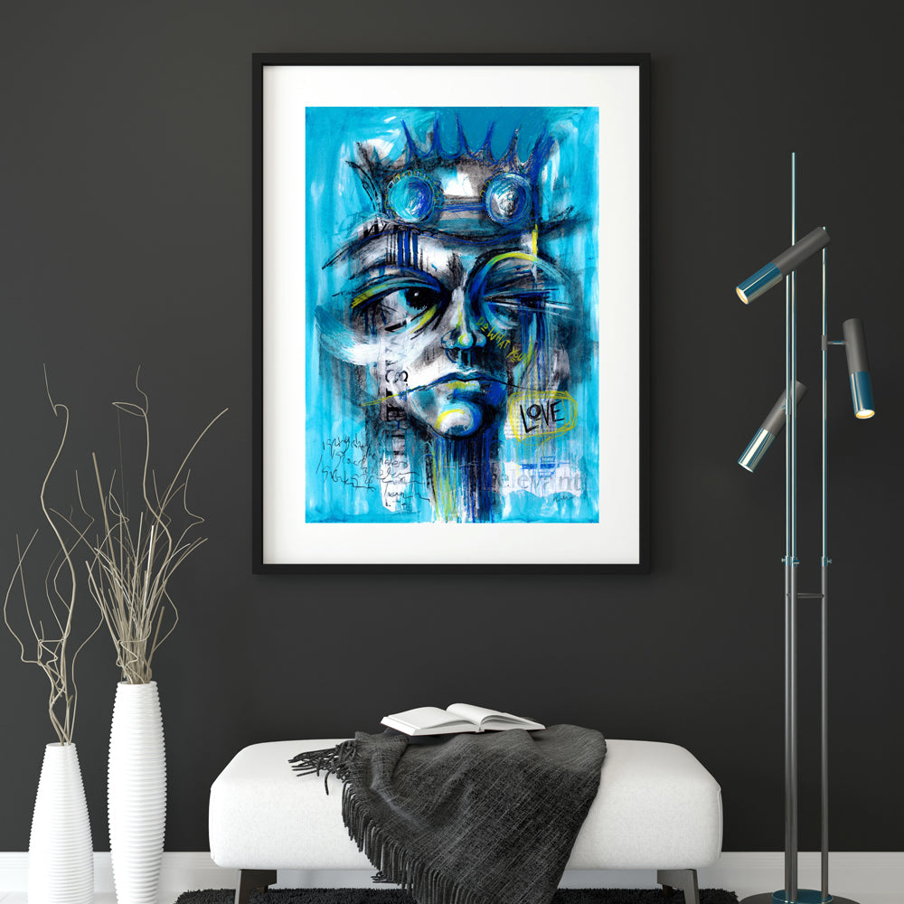 Do What You Love - abstract Steampunk-inspired portrait art shown in an interior