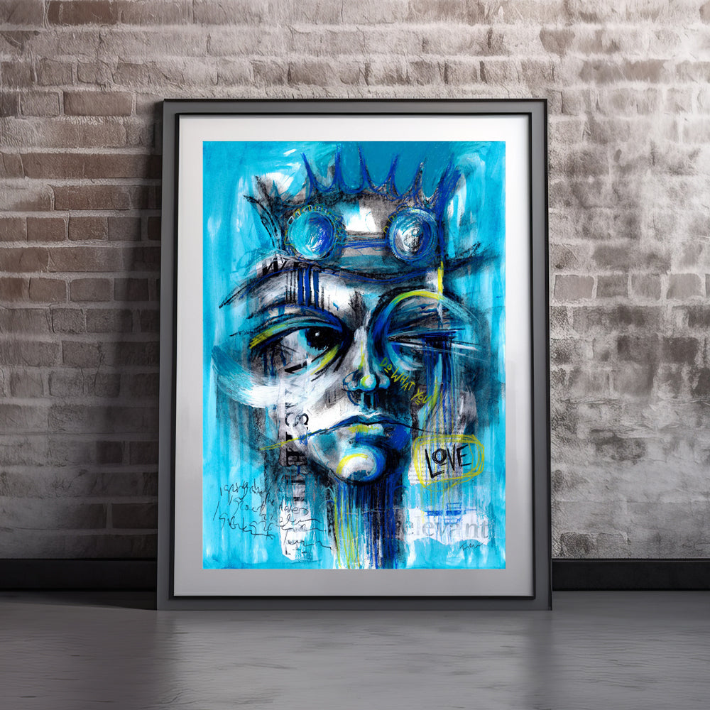 Do What You Love - abstract Steampunk-inspired portrait art with graffiti style, featuring blue and yellow tones and a positive message.