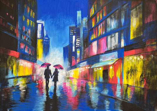 US - Original Night Cityscape Painting with Couple and Pink Umbrellas