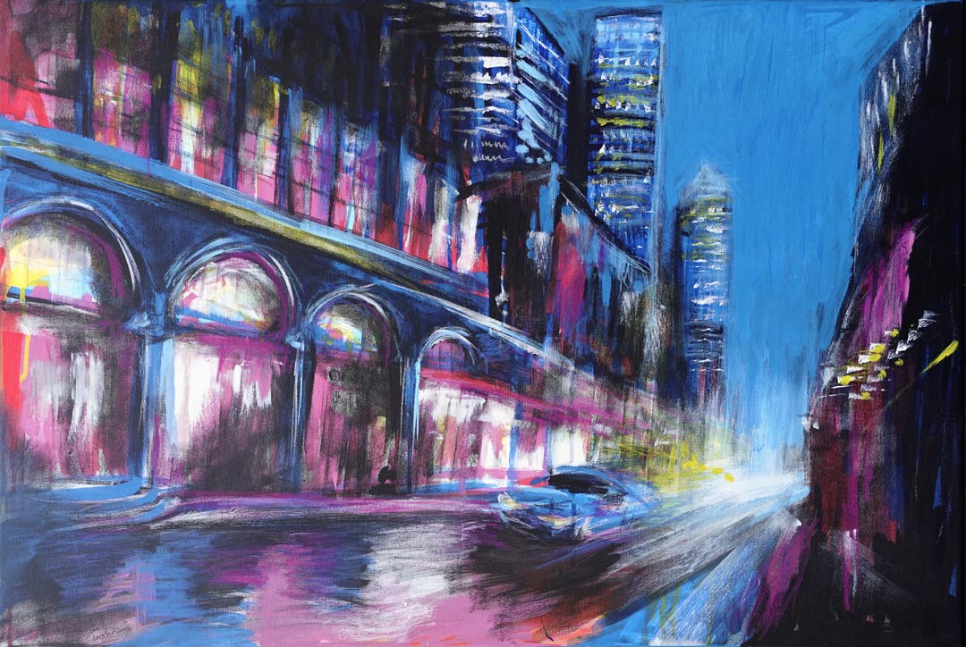 Vibrant City Vibes - Original night cityscape painting with bold blue and pink neon accents, showing a moving car and tall city buildings.