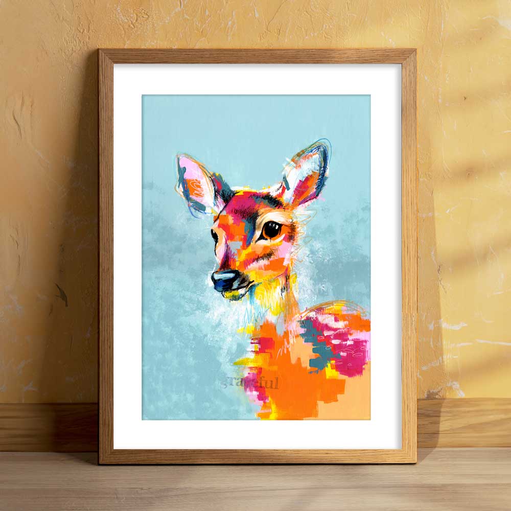 Deer to be Different original deer painting with bold orange and blue colors, featuring collage techniques and abstract British wildlife themes.