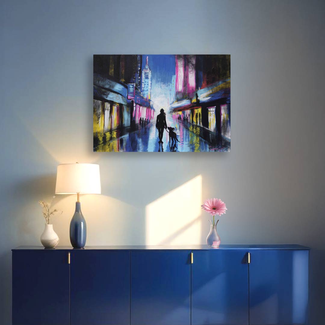 Woman’s Best Friend, blue cityscape painting displayed above a blue cupboard, adding neon city vibes and a modern touch to the decor.