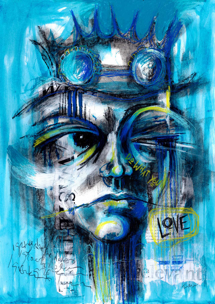 Do What You Love - abstract Steampunk-inspired portrait art with graffiti style, featuring blue and yellow tones and a positive message.