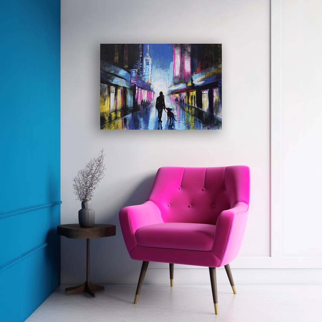 Woman’s Best Friend, blue cityscape painting displayed above a pink chair in a modern room, showcasing a woman walking her dog under neon city lights.