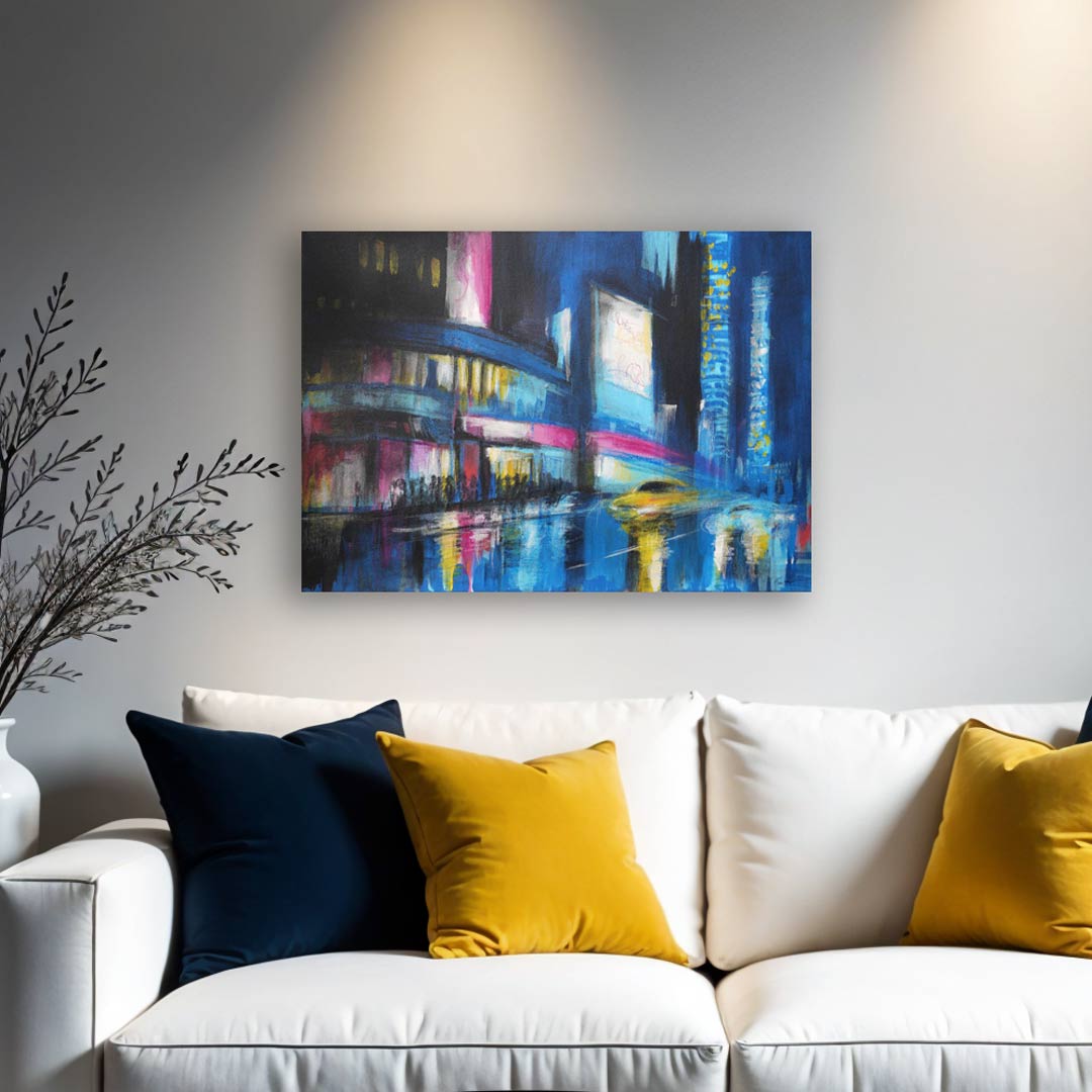 The City Reigns, dark neon cityscape painting on canvas, hung above a neutral sofa with black and yellow cushions, bringing a bold urban energy to the living room decor.