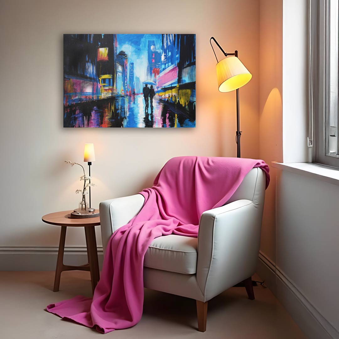 Rain Kissed Neon Dreams, night city painting in a living room setting with chair and lamp