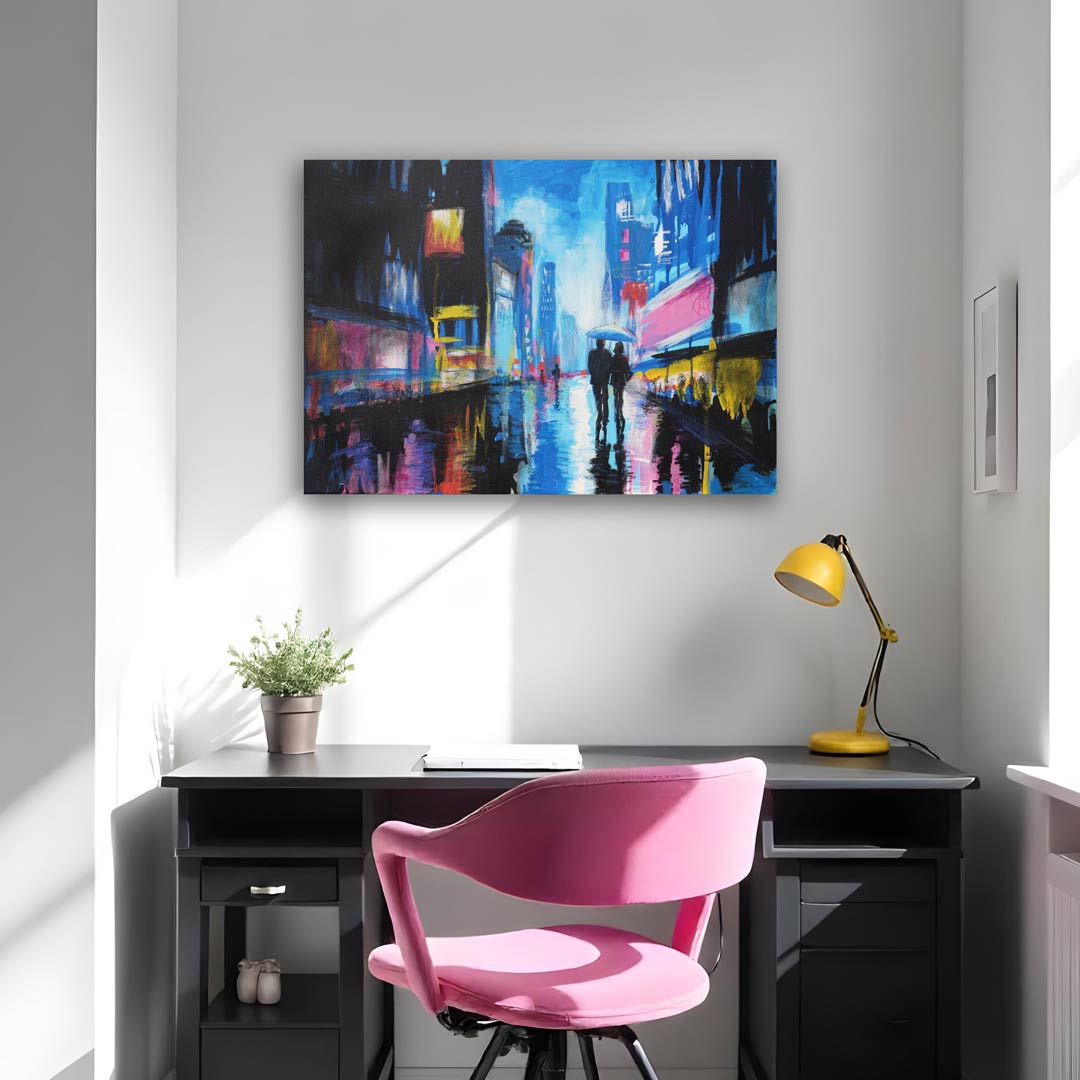 Rain Kissed Neon Dreams, night city painting of a couple hanging on a home office wall with pink chair